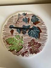 Ancien plateau à fromages DIGOIN décor feuilles de vigne, poignée fer forgé