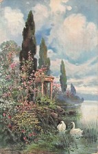 CP ILLUSTREE JARDIN KIOSQUE AU BORD DE L'EAU CYGNES - 27266