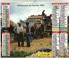 Calendrier Almanach PTT 1994.Battage du blé avec batteuse ancienne et Vendanges.
