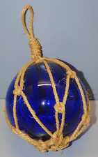 -JOLIE ANCIENNE BOULE de FLOTTEUR de FILET de Pêche couleur BLEUE filet CORDE  D