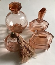 GARNITURE DE TOILETTE ANNÉES 40 VERRE TAILLÉ ROSE SAUMONÉ 4 PIÈCES