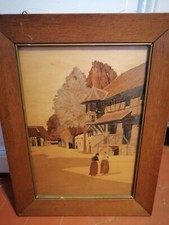 Tableau en marqueterie, début XXè siècle. "Ruelle de Scherwiller" par Spindler. 