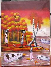 tableau haïtien signé : villageois au bord de la mer