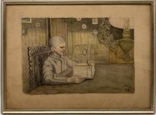 Aquarelle Impressionniste Intérieur Jeune Plupart Table Avec Cage 1911 Jhg