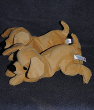🍀Lot 2 Doudou Chien NICOTOY Couché Allongé Beige Marron Yeux Durs Peluche 25 cm