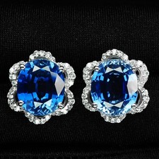 Boucles d'oreilles ovales en argent sterling 925 saphir bleu vif immaculé...
