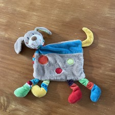 Doudou Chien Plat Mots D'enfants Bleu Jaune Rouge Orange Ronds Écharpe Rayée