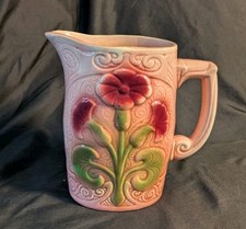 Ancien Pichet en Barbotine Sarreguemines, Art Nouveau, Rose Et Vert, Esdeve