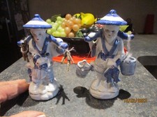 Couple Statuette Chinoise Japonaise Pêcheur Porteur d'Eau & Bois Déco Zen Bonzaï