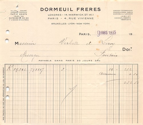 Facture 1935 dormeuil - ,