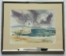 Tableau, peinture, Aquarelle, de DOMALAS, phare, daté 92