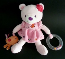 *. DOUDOU PELUCHE POMMETTE OURS ROBE ROSE OISEAU ORANGE HOCHET ANNEAU - NEUF*