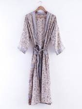 Vintage Kimono Soie de Robe Blanc Floral Style Japonais Drapé Taille Libre Boho