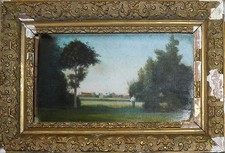 Tableau XIX° siècle : paysage arboré et animé, Marillet Vendée Loire