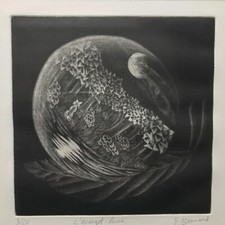 L'ESCARGOT-LUNE signé F BERNARD eau forte gravure tableau vintage antique µ