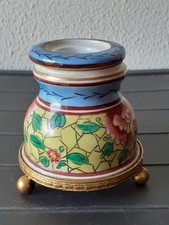 Ancien Encrier En Porcelaine  Monture En Laiton.