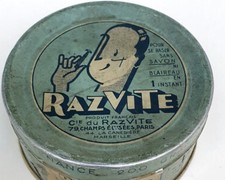 ANCIENNE BOÎTE  LITHOGRAPHIÉ RAZ VITE ANNÉES 1930's  SAVON A BARBE 200 Grs VIDE 