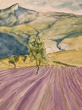 Belle Peinture Aquarelle Provence Sainte Victoire Art 1990 A Identifier Lavande