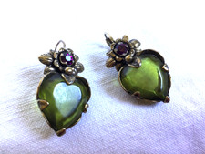 BOUCLES D OREILLES GAS VINTAGE COEUR STRASS VERT ROSE FLEUR MÉTAL DORÉ