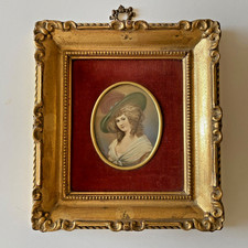 Ancienne Miniature Peinture Portrait  Femme Elégante au Chapeau - Signé