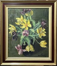 Antique Tulips Bouquet Still Life Original Oil Painting on Canvas, Signed Framed