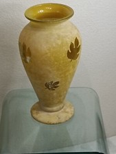 grand vase en verre  Jaune Orange Décor Feuilles De Chêne Granité H 40 Ancien 