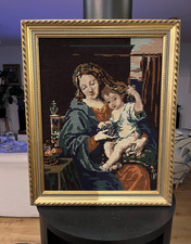 Vintage Tapisserie religieuse Vierge à l’Enfant / Encadrée