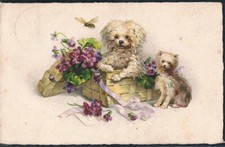 R171 PUPPY DOGS BICHON ? BASKET of VIOLETS BEE Fine LITHO JOUNOK 256