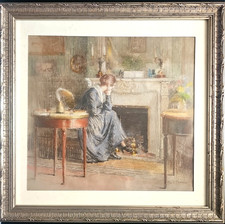 XIXe 1900 Pastel sur Papier Signé PAUL THOMAS Scène D'intérieur Femme Cheminée