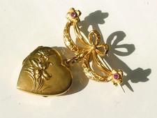 BELLE BROCHE ANCIENNE avec PENDENTIF COEUR PORTE PHOTO / En Plaqué or FIX