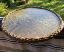 Plateau à fromage en rotin et en verre années 70 vintage
