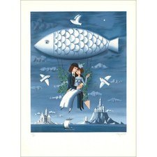 PEYNET Raymond - Lithographie originale "Les amoureux poisson volant" 76x57cm