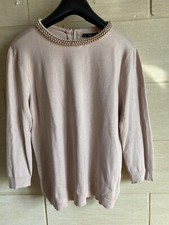 Superbe Pull Top Haut Rose Pale Nude Zara Bijoux Col Galon Brodé Chaîne T L 40