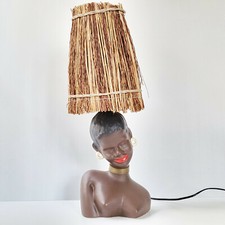 LAMPE DE TABLE VINTAGE 1950 AFRICAINE CERAMIQUE & ABAT-JOUR PAILLE 50S 1950S