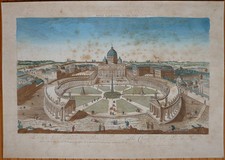 Vue d'optique Gravure + aquarelle du 18e siècle Le Vatican Saint Pierre de Rome