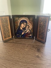 Ancien triptyque vierge de voyage en cuivre émaillé émail religieux