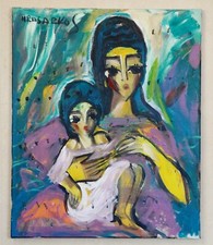 Mère et enfant Peinture Huile Toile Hrasarkos Certificat authenticité Violet