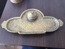 Ancien Encrier Laiton Decor Floral Vintage Deco Bureau Secrétaire