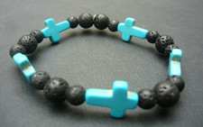 Bracelet perles  pierre de Lave, croix howlite Turquoise, Sur mesure Homme Femme