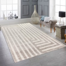 Tapis moelleux à poils longs avec motif 3D & franges Moderne & confortable beige