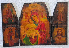 Très beau triptyque religieux vintage icone Marie Jésus Vierge à l'enfant bois