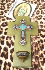FRENCH RELIGIOUS 1800s HOLY WATER FONT CRUCIFIX~CLOISONNE ENAMEL & GREEN MARBLE