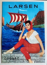 Tôle publicitaire ancienne Cognac Larsen , femme devant bateau Drakkar / viking