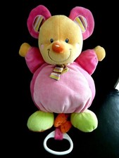 B1. DOUDOU BOULE MUSICAL MOTS D'ENFANTS SOURIS rose vert écharpe rayé 28c NEUF *
