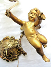 "Lustre 1900, Angelot en métal doré + tulipe Rose blanche en verre