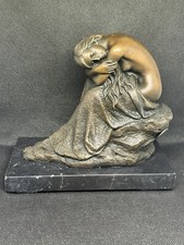 Art Deco Bronze Sculpture – “Melancholy Girl” on Marble Base by Milo Vintage