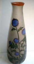 Grand Vase Art Nouveau verre émaillé: Déco Chardons bleus signé LEUNE