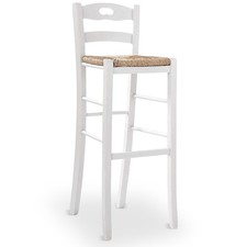 Tabouret De Bar Haut 80 Cm En Bois Blanc Avec Poignée Et Assise En Paille