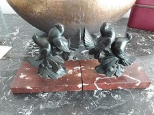 Paire De Serre Livres En Régule Et Marbre Couple de Pigeons Art Déco