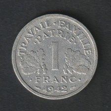 1 Franc, FRANCE 1942, FRANCISQUE LOURDE, ETAT FRANÇAIS, TB-, 1.62 G, LF 222/3